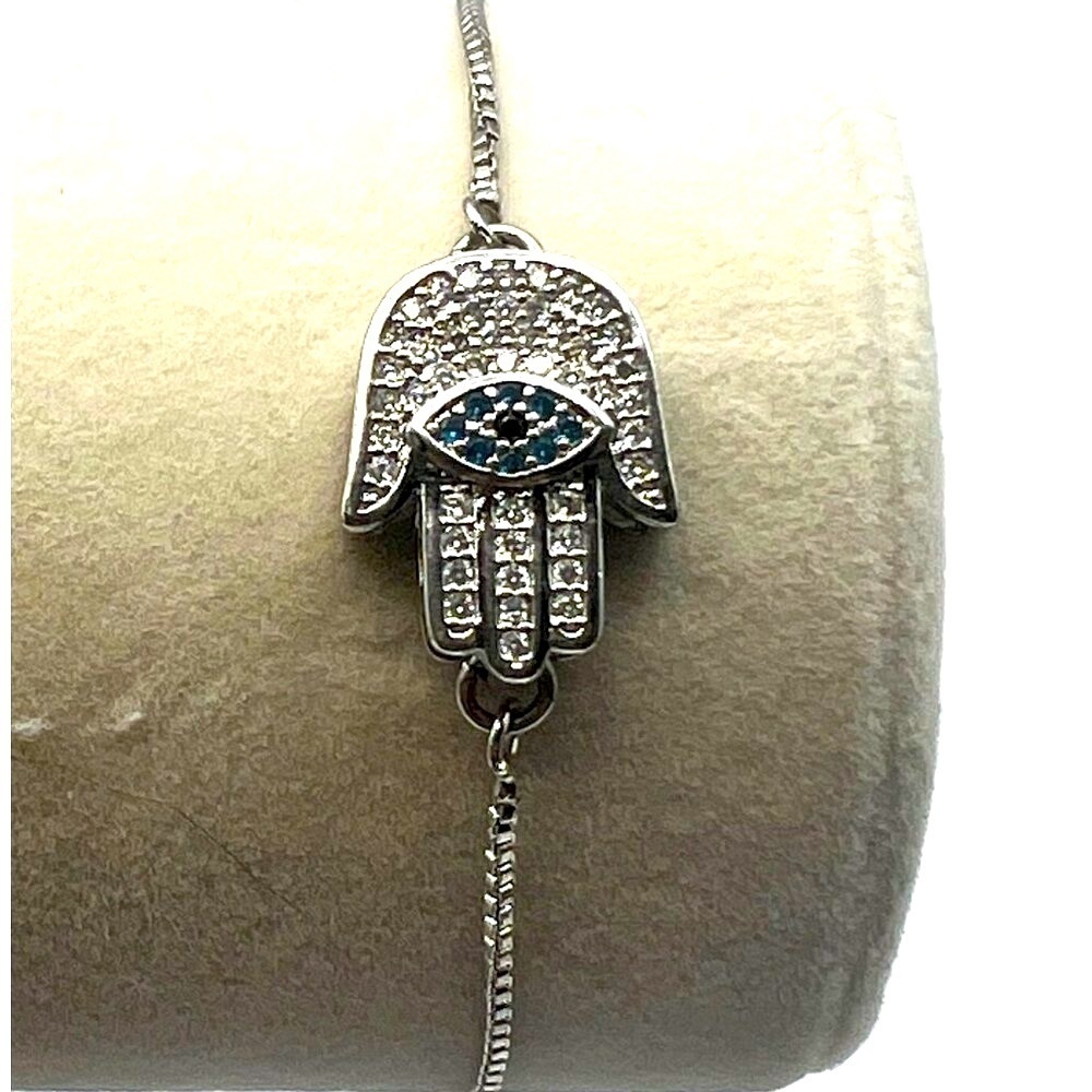 Silver Tone Hamsa Rhinestone Bracelet With Adjustable Chain.  A70
